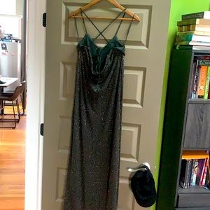 NBD sparkly evening gown in dark green with gold sequins